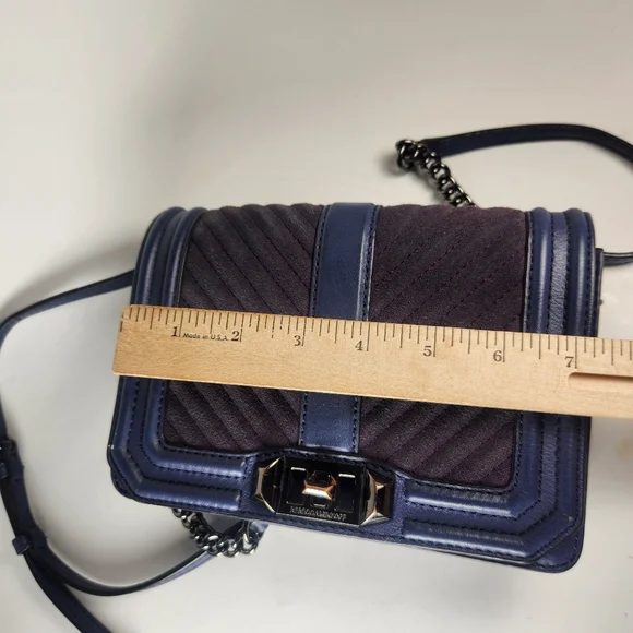REBECCA MINKOFF Mini Love Chevron Quilted Crossbody Bag Blue Leather Purse - Picture 12 of 13